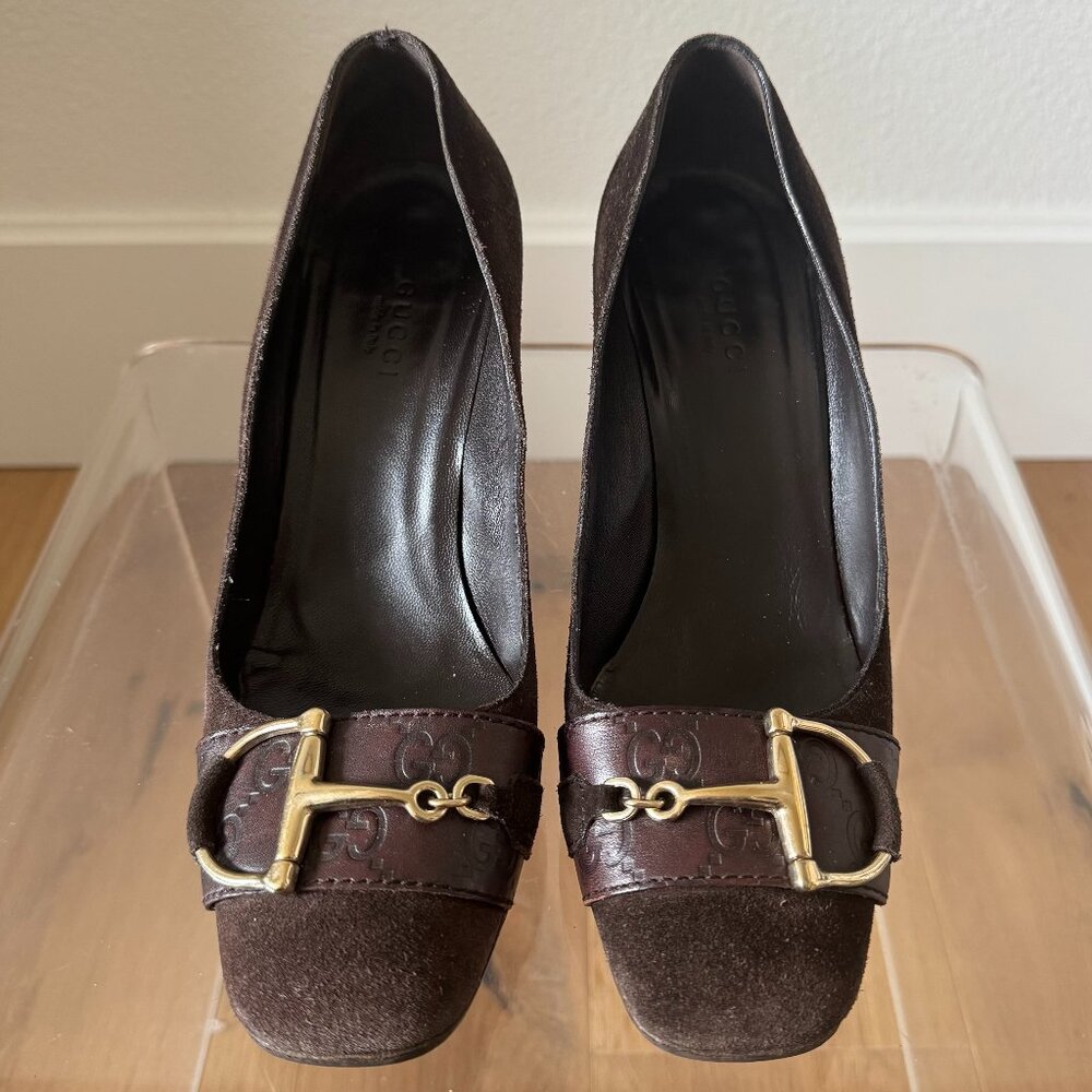 Gucci Vintage Horsebit Brown Suede Pumps Square Toe Block Heel Size 7 Resoled